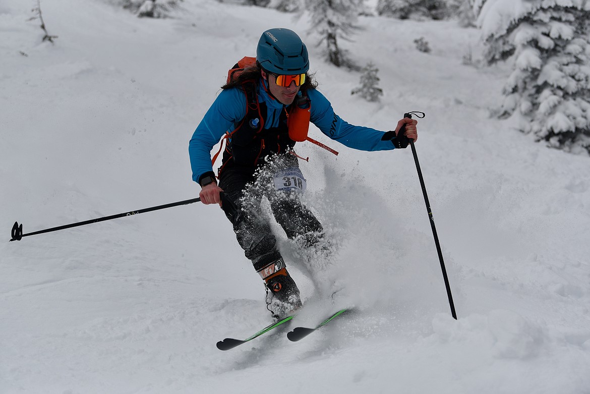 Ben Farrell powers down No Name bumps during the Whitefish Whiteout skimo race at Whitefish Mountain Resort on Saturday, Feb. 10, 2024. (Matt Baldwin/Whitefish Pilot)