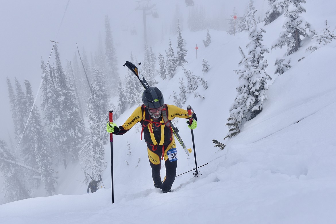 Matt Seeley tops the NBC bootpack at the Whitefish Whiteout skimo race at Whitefish Mountain Resort on Saturday, Feb. 10, 2024. (Matt Baldwin/Whitefish Pilot)