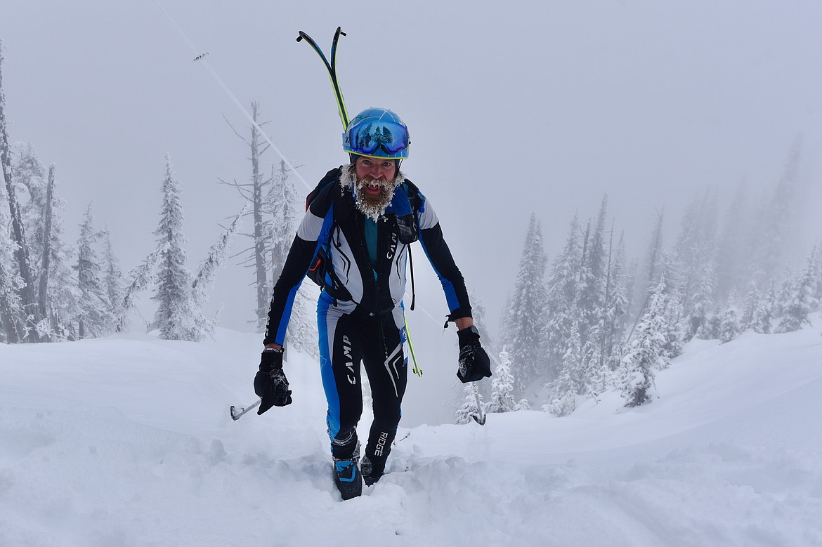 Joel Shehan dons a frosty beard during the last leg of the Whitefish Whiteout skimo race at Whitefish Mountain Resort on Saturday, Feb. 10, 2024. (Matt Baldwin/Whitefish Pilot)