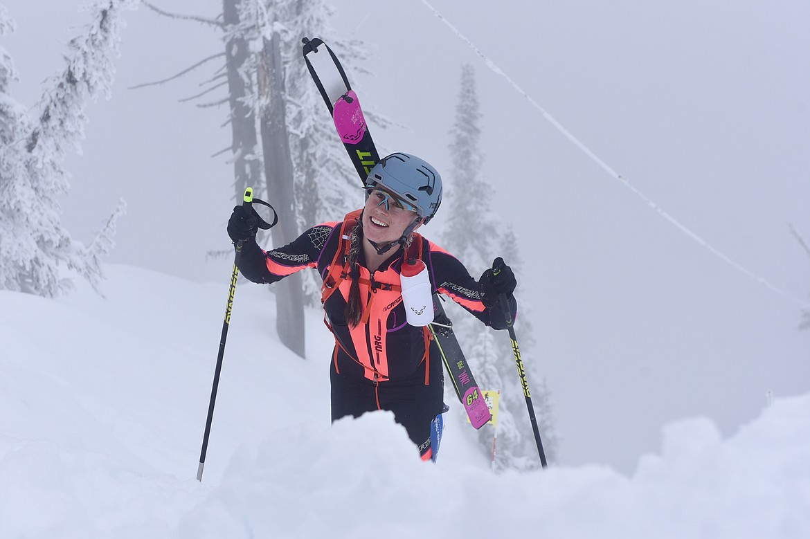 Stella Hobbs is all smiles on the final push up NBC during the Whitefish Whiteout skimo race at Whitefish Mountain Resort on Saturday, Feb. 10, 2024. (Matt Baldwin/Whitefish Pilot)