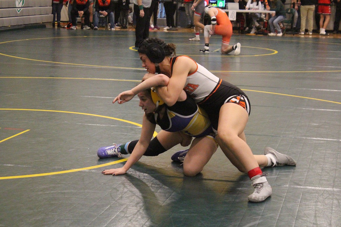 Ephrata’s Leslie Sanchez Guerrero, right, gets some leverage on her opponent in the Region 4 wrestling girls wrestling tournament for Class 2A/1A/2B/1B Saturday. Sanchez Guerrero won the regional championship.