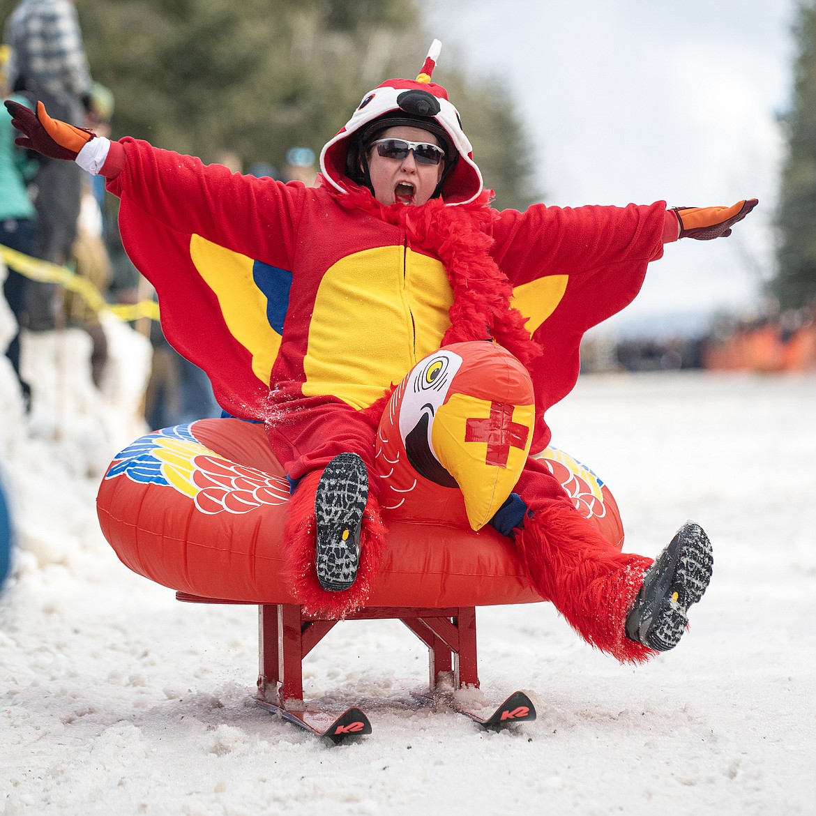 Bar stool ski racers make their way down Sugar Hill in Martin City for Cabin Fever Days Saturday, Feb. 10. Fifty-six racers participated, and an estimated $10,000-plus was raised for Badrock Canyon first responders. (Avery Howe photo)