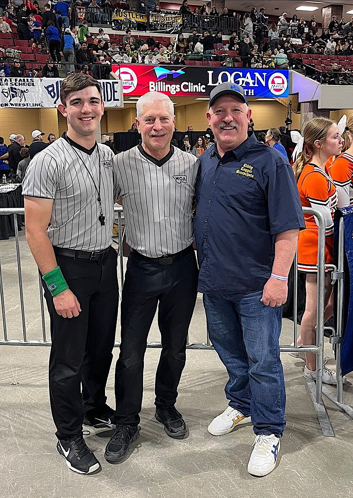 Libby Greenchain members Trey Thompson, Kurt Spencer and Dean Thompson gathered for a photo last weekend at the Montana High School Association Class A wrestling championships in Billings. Thompson was wrestling his first state tournament while Spencer officiated his last. Thompson, the current Libby coach, is also a long-time official. (Photo courtesy Greenchain Wrestling Club)