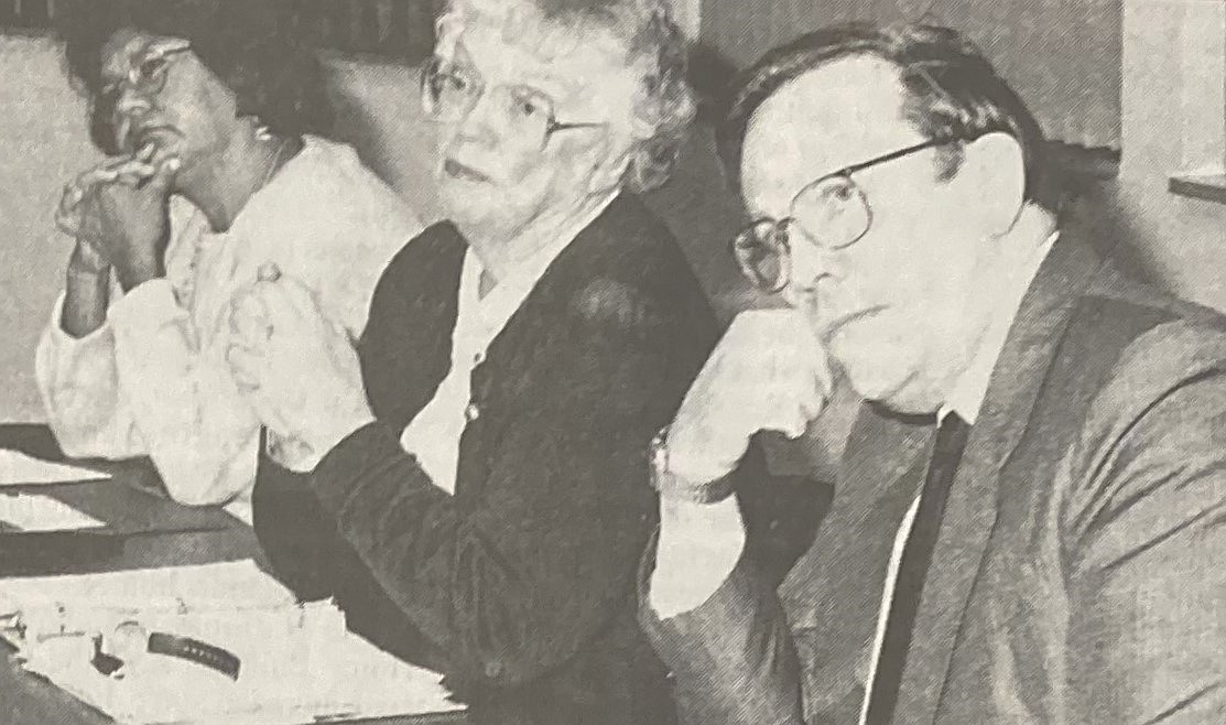 North Idaho College trustees, from left, Jeanne Givens, Betty McLain and Norm Gissel listen to student leaders during the gay alliance controversy.