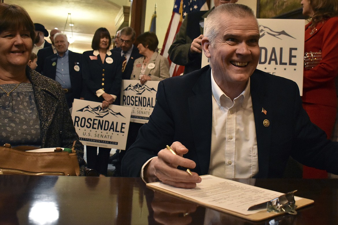 Montana Republican Rep. Matt Rosendale files paperwork to run for U.S. Senate, Friday, Feb. 9, 2024, at the state Capitol in Helena, Mont. Rosendale announced Thursday, Feb. 15, that he was ending his campaign after former President Donald Trump endorsed his Republican opponent, former Navy SEAL Tim Sheehy. (AP Photo/Matthew Brown, File)