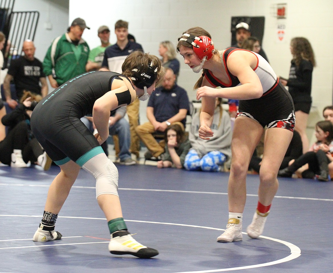 Sandpoint's Emma Garman gets ready to make a move on Lake City's Alexxis Johnson in the 120-pound district championship.