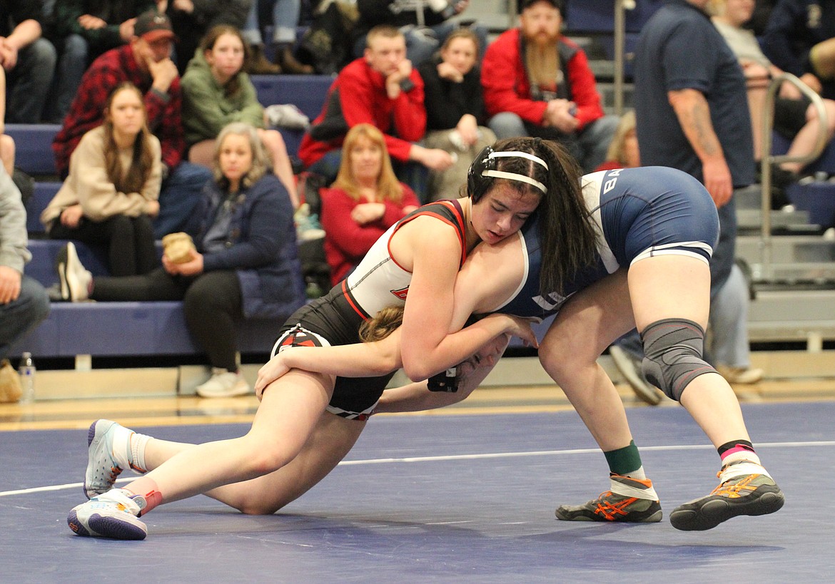 Sandpoint's Kaysha Kimura wrestles Bonners Ferry's Rylann Lewis in the 138-pound consolation semifinals.