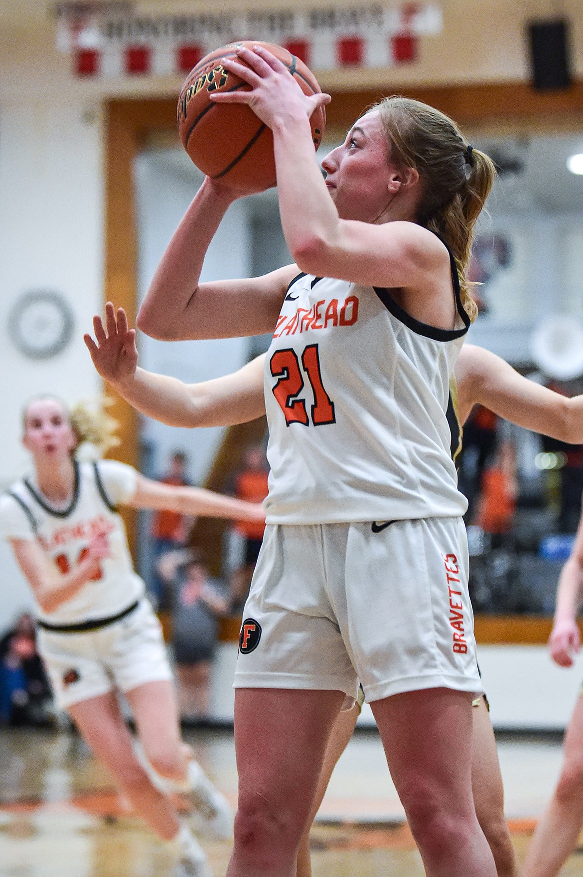 Flathead's Harlie Roth (21) shoots in the second quarter against Helena Capital at Flathead High School on Friday, Feb. 16. (Casey Kreider/Daily Inter Lake)