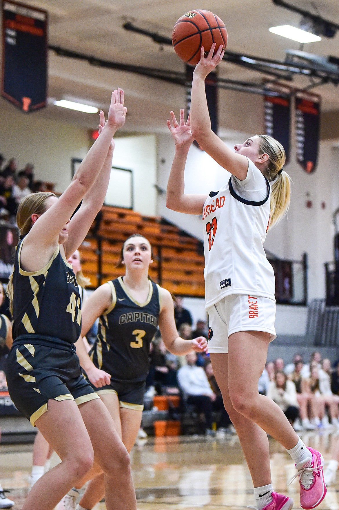 Flathead's Celie Vandebosch (23) drives to the basket in the third quarter against Helena Capital at Flathead High School on Friday, Feb. 16. (Casey Kreider/Daily Inter Lake)