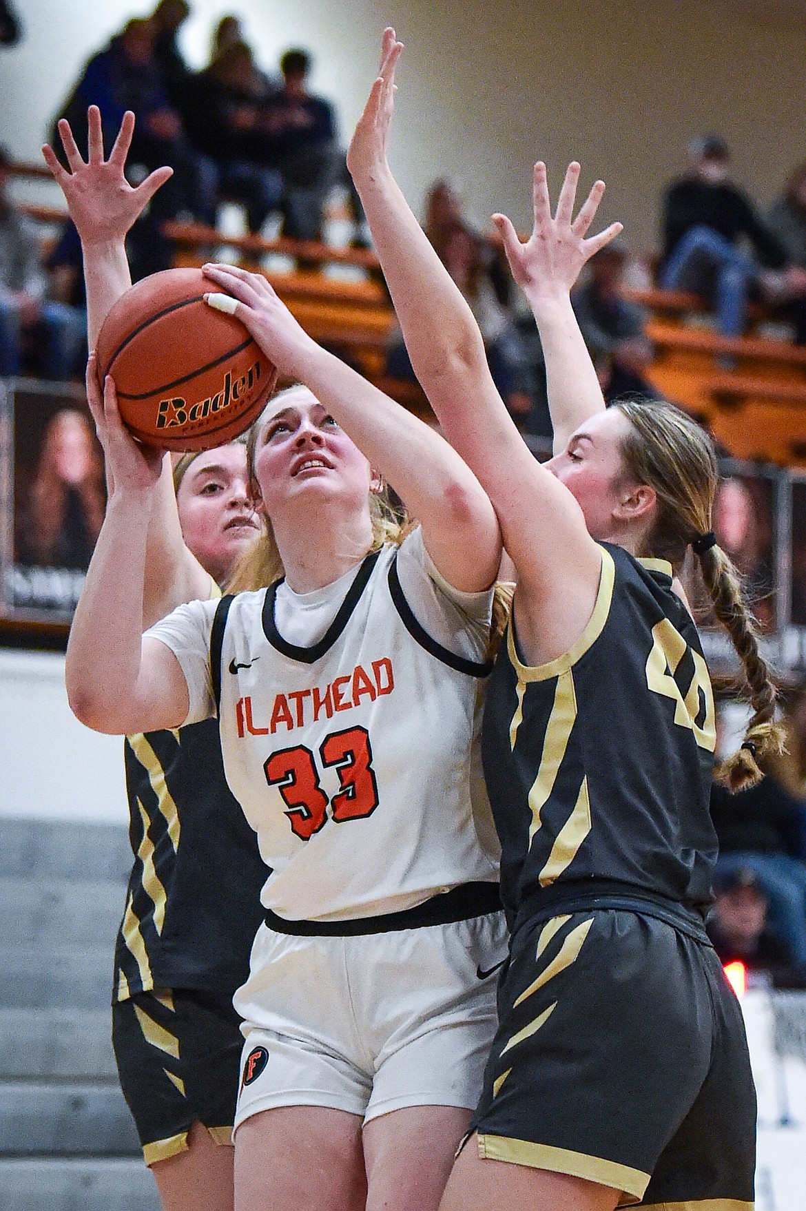 Flathead's Sami Dalager (33) shoots in the third quarter against Helena Capital at Flathead High School on Friday, Feb. 16. (Casey Kreider/Daily Inter Lake)