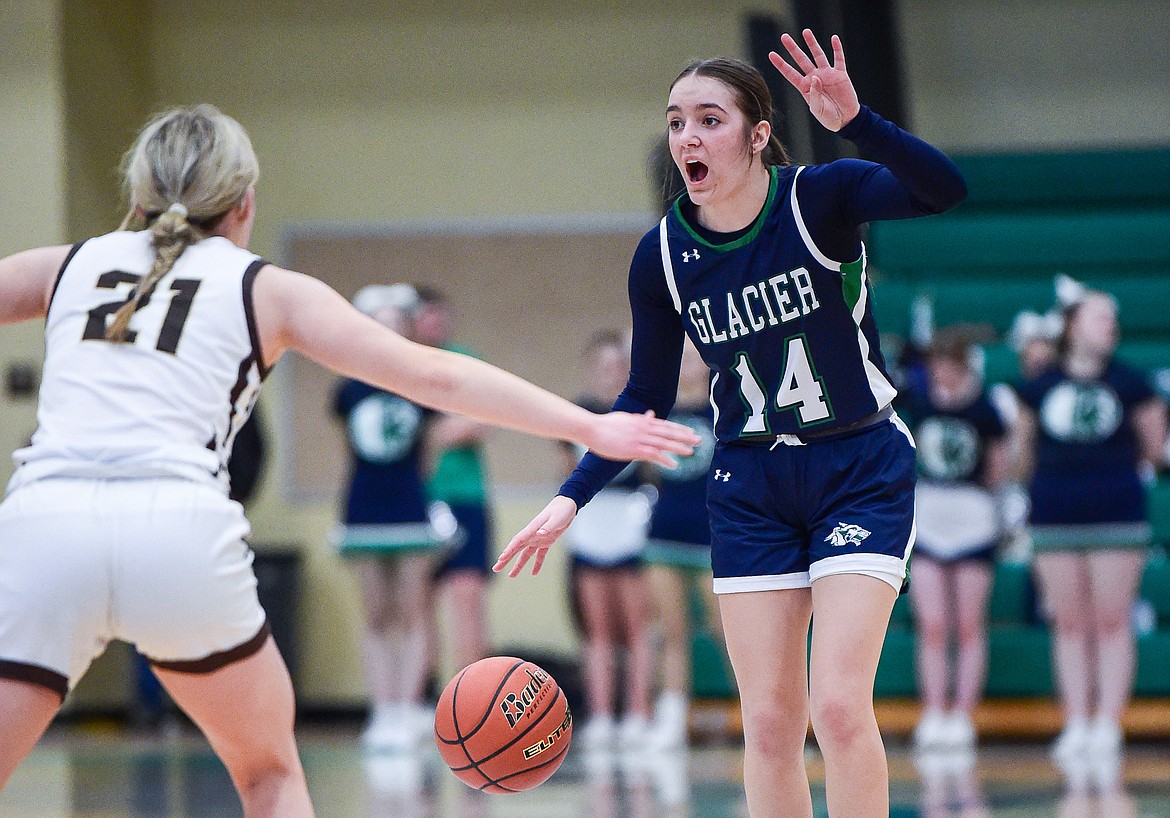 Glacier's Karley Allen (14) calls a play in the first half against Helena Capital at Glacier High School on Saturday, Feb. 17. (Casey Kreider/Daily Inter Lake)