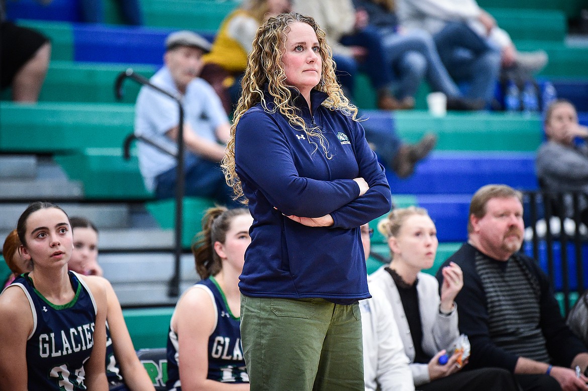 Glacier girls basketball head coach Amanda Cram looks on as the Wolfpack play Helena Capital at Glacier High School on Saturday, Feb. 17. (Casey Kreider/Daily Inter Lake)