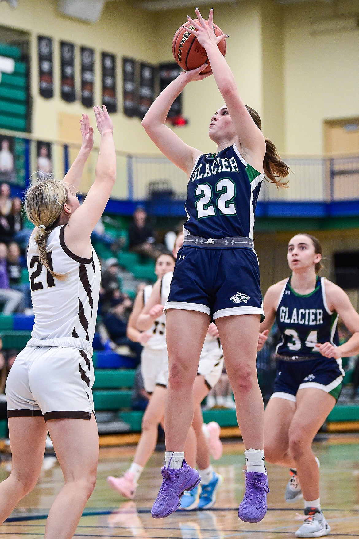 Glacier's Noah Fincher (22) shoots a jumper in the lane in the first quarter against Helena Capital at Glacier High School on Saturday, Feb. 17. (Casey Kreider/Daily Inter Lake)