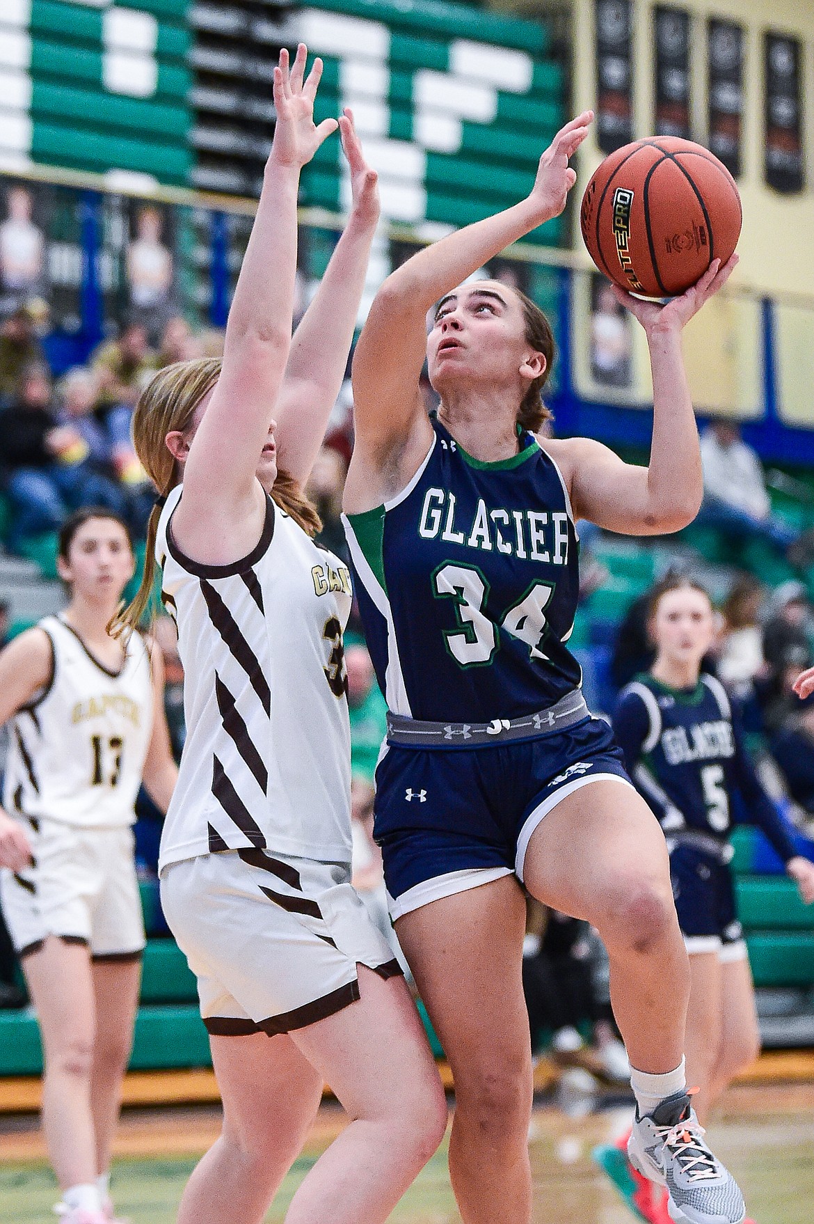 Glacier's Madison Terry (34) shoots in the first half against Helena Capital at Glacier High School on Saturday, Feb. 17. (Casey Kreider/Daily Inter Lake)