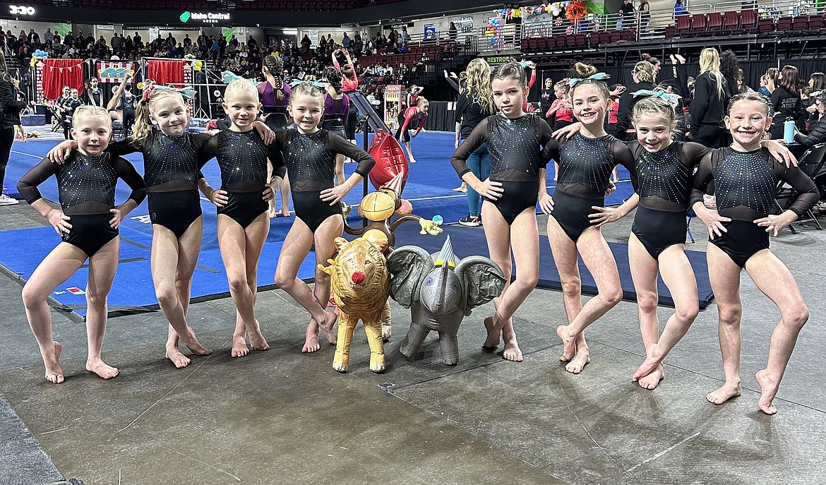 Courtesy photo
Avant Coeur Gymnastics Level 3s at the Under the Big Top meet in Boise. From left are Lydia Mohr, Shea McGinnis, Abba Dellara, Brinley Enns, Isla Moore, Avonlea Cotton, Lacey Bitnoff and Paisley Moore.