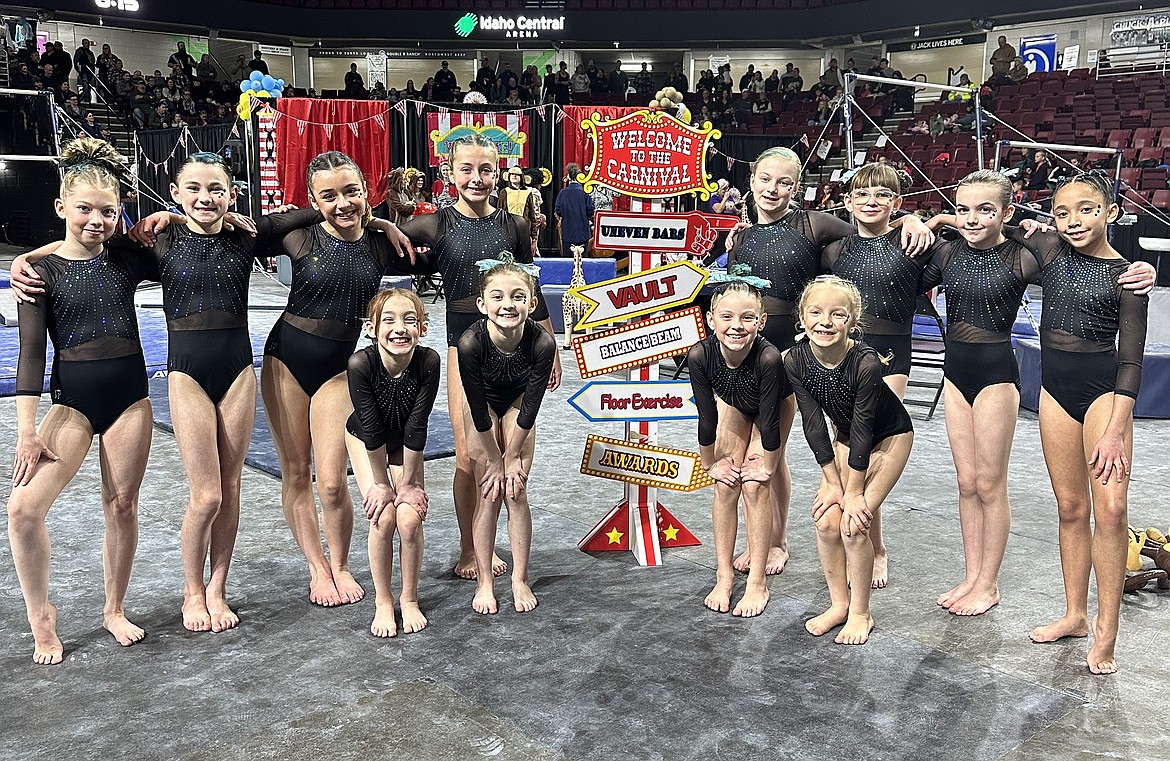 Courtesy photo
Avant Coeur Gymnastics Level 4s at the Under the Big Top meet in Boise. In the front row from left are Cierra Destephano, Brooklyn Adams, Ryleigh Salvador and Eve Seaman; and back row from left, Brooklyn Anderson, Ruby Brucick, Jonni Ridolph, Braelyn Dally, Claire Baxter, Luna Perez, Lennox McClennen and Saige Cruz.