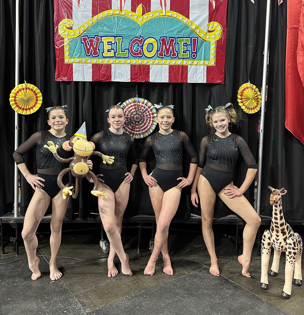 Courtesy photo
Avant Coeur Gymnastics Level 7s at the Under the Big Top meet in Boise. From left are Callista Petticolas, Quinn Howard, Summer Nelson and Kyler Champion.