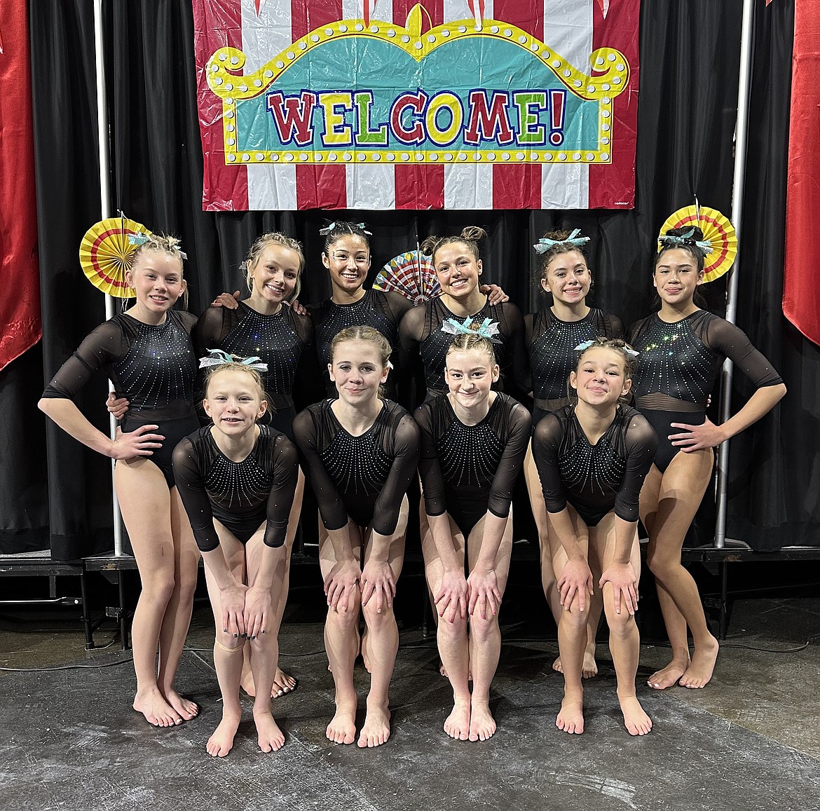 Courtesy photo
Avant Coeur Gymnastics Level 9s and 10s at the Under the Big Top meet in Boise. Level 9s took 2nd Place Team and Level 10s took 3rd Place Team. In the front row from left are Piper St John, Claire Traub, Sara Rogers and Brynlynn Kelly; and back row from left, Avery Hammons, Eden Lamburth, Maiya Terry, Madalyn McCormick, Jazzy Quagliana and Kenzie Short.