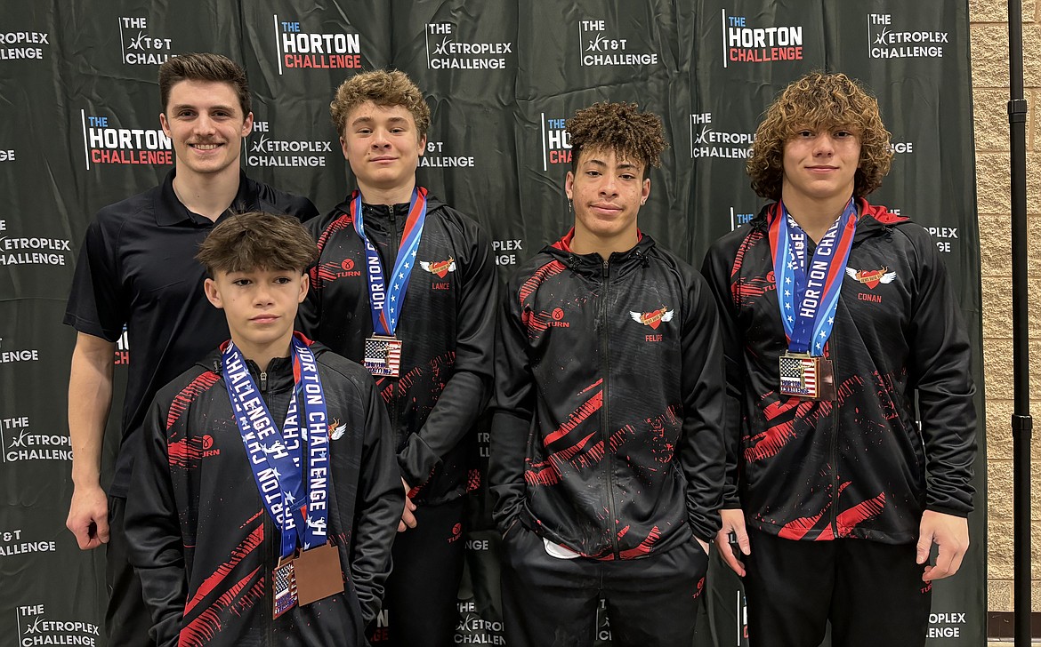 Courtesy photo
Avant Coeur Gymnastics Level 9 boys at the Horton Challenge in Texas. In the front is Dylan Coulson; and back row from left, coach Matt Auerbach, Lance Mosher, Felipe McAllister and Conan Tapia.