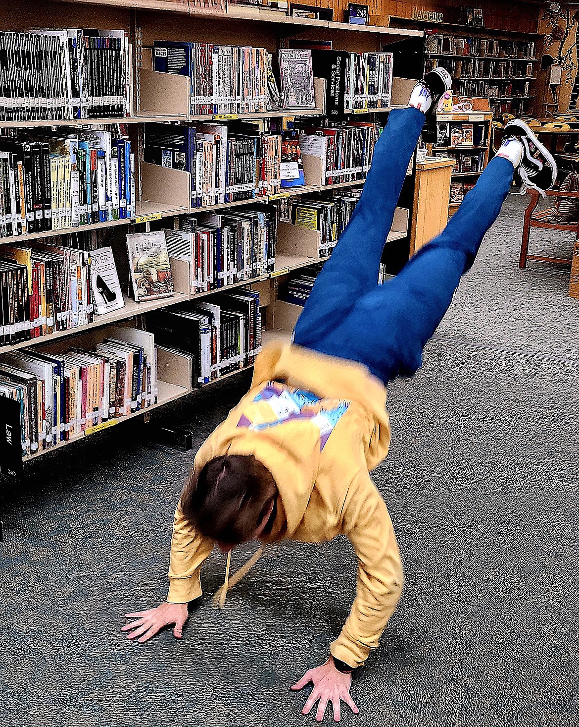 Polson senior Kai McDonald displays a "fall" he uses in his Humorous Interpretation speech piece. McDonald qualified for the National 
Speech & Debate Association meet in June in Des Moines, Iowa. (Berl Tiskus/Leader)