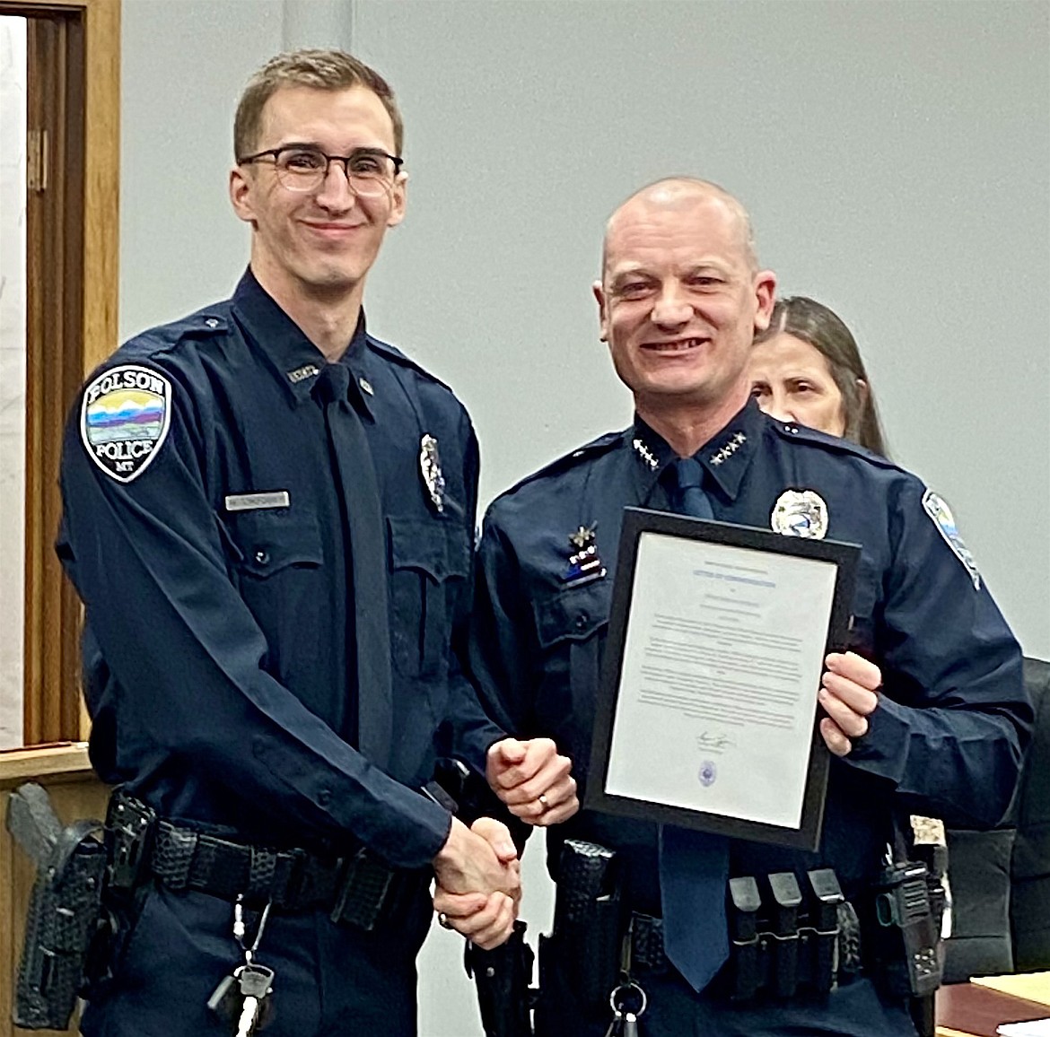 Officer Marcus Lindquist received a letter of commendation Feb. 5 from Polson Police Chief George Simpson for taking the initiative to help out at Lake County's 911 center during an active shooter situation in Ferndale. (Courtesy photo)