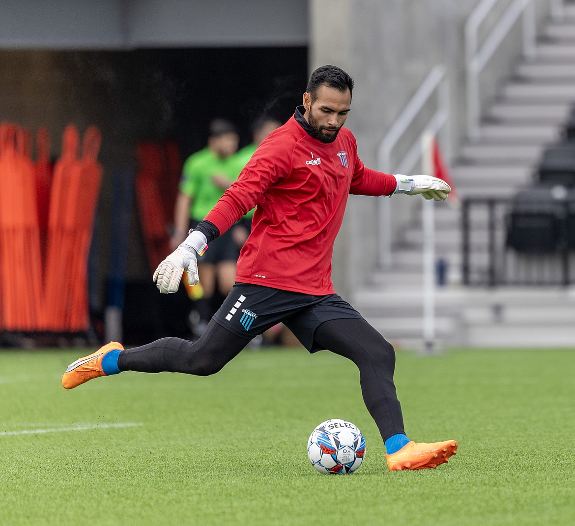 Spokane Velocity goalkeeper Carlos Merancio puts the ball in play during a Feb. 10 scrimmage.