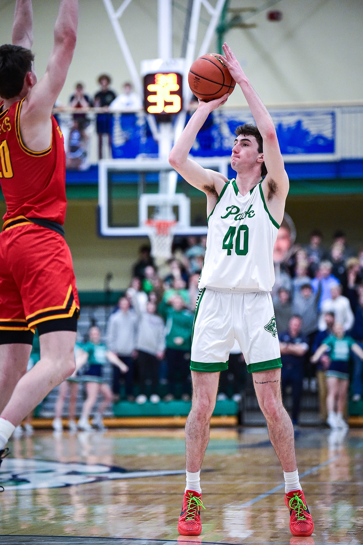 Glacier's Noah Cummings (40) shoots in the first quarter against Missoula Hellgate at Glacier High School on Tuesday, Feb. 20. (Casey Kreider/Daily Inter Lake)