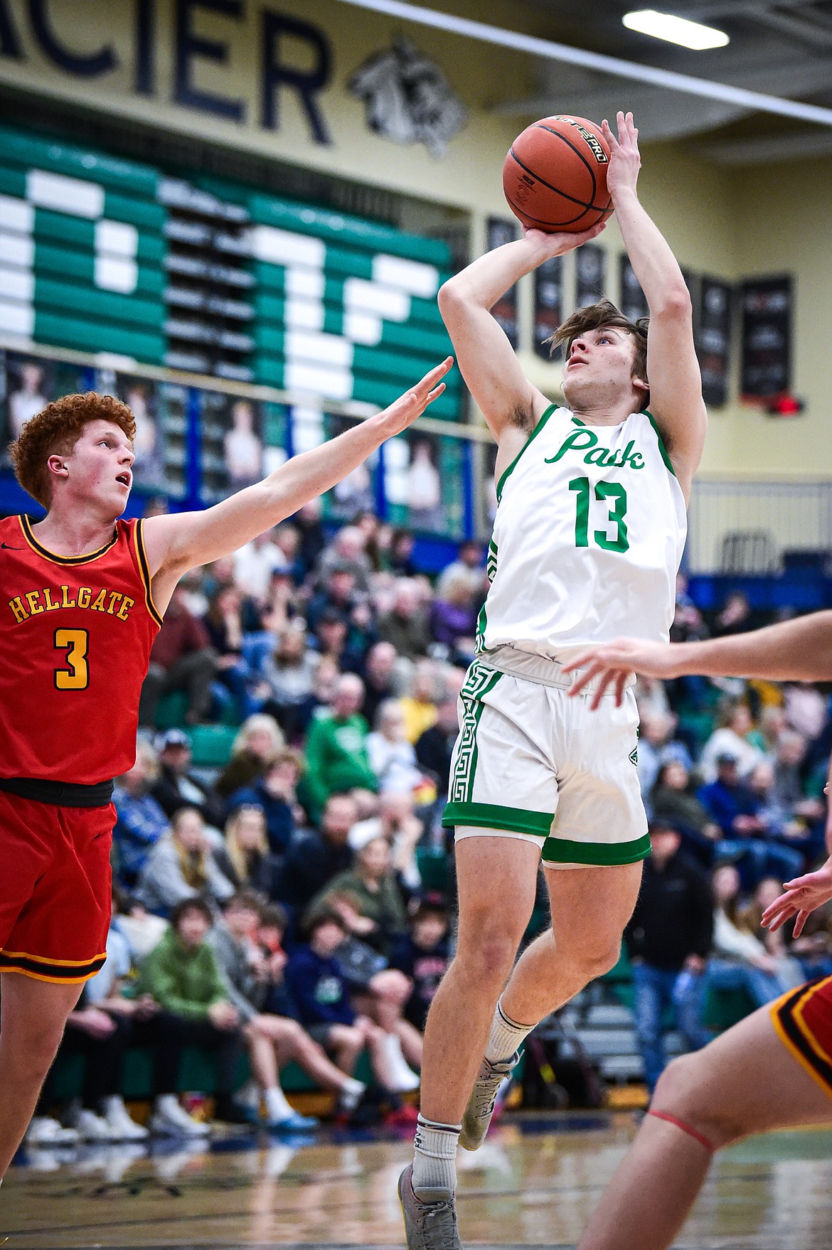 Glacier's Joshua Eagleton (13) shoots in the first half against Missoula Hellgate at Glacier High School on Tuesday, Feb. 20. (Casey Kreider/Daily Inter Lake)