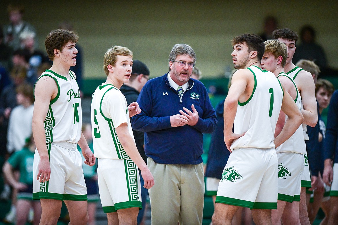 Glacier head coach Mark Harkins talks to the Wolfpack during a timeout in the first quarter against Missoula Hellgate at Glacier High School on Tuesday, Feb. 20. (Casey Kreider/Daily Inter Lake)