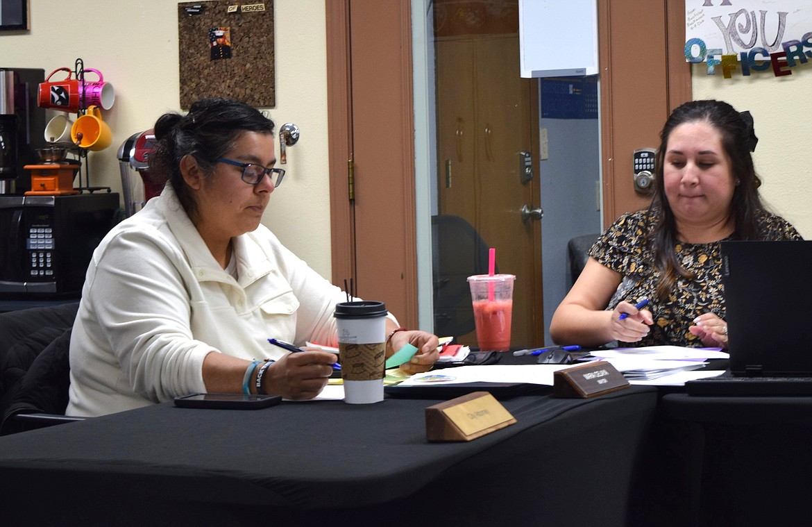 Mattawa Mayor Maria Celaya, left, and Mattawa Deputy Clerk/Treasurer Jazmin Hernandez, right, take notes during a January Mattawa City Council meeting. Celaya and the council discussed two funding awards during Thursday’s regular meeting.