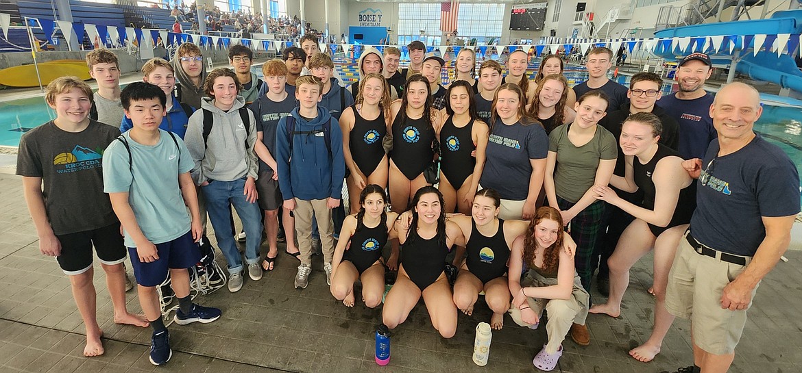 Courtesy photo
The North Idaho Water Polo boys and girls varsity teams recently captured state championships. In the front row from left are Lauren Watson, Simone Gonzalez, Claire Thorpe and Laura Mohr; second row from left, Miles Rigg and Jet Yang; third row from left, Luke Allen, Tucker Rigg, Owen Call, Taylor Holding, Jillian Provost, Gianna Gonzalez, Alena Gonzalez, Addy Karoblis, Ella Mohr, Gracelyn Kenney, Keelie Halsted and Mark Collingham (head coach); and back row from left, Will Park, Elijah Minix, Luke Griffiths, Micah Minix, Brody Walters, Brennan McCrea, Mason Curry, Mason Bentley, Ben Simmons, Garrett Snyder, Greta Hover, Malachi Dickerson, Ava Swigart, Maren Hover, Owen Christianson, Travis Strimback and Doug Keese (coach). Not pictured is Onessa Warren, Daisy Whitney and Israel Morrow (coach).