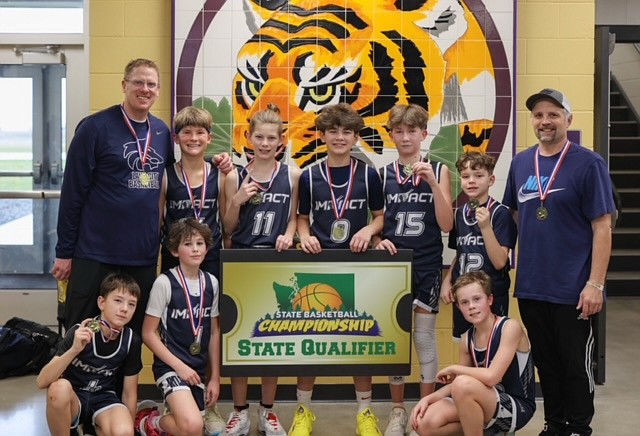 Courtesy photo
The sixth grade North Idaho Impact AAU boys basketball team went 4-0 to win the Lewiston Presidents Day tournament, qualifying them for state playoffs. In the front row from left are Beck Odenthal, Jonah Plummer and Boston Anderson; and back row from left, coach James Anderson, Brooks Wearne, Madden Seenstra, Jack Saylor, Brayden Burt, Elliot West and coach Jody Plummer.