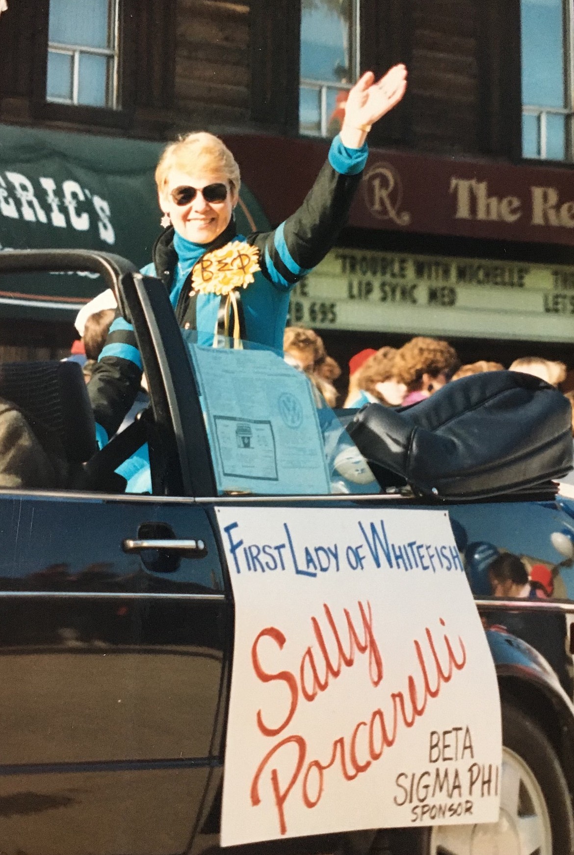 Sally Porcarelli waves to the crowd during the Whitefish Winter Carnival Grand Parade in 1986. (Photo provided)