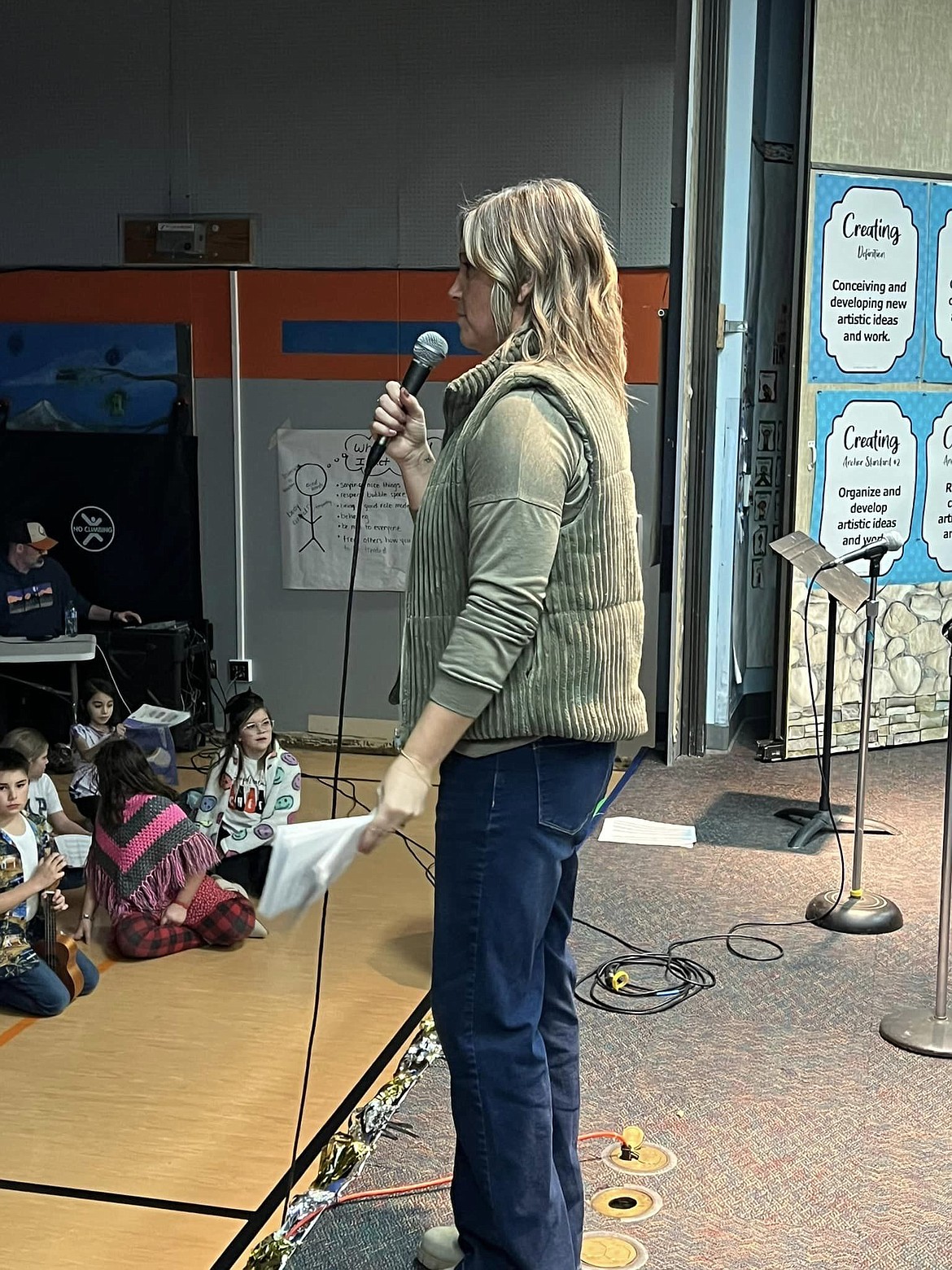 Grant Elementary School Principal Shannon Dahl conducts her emcee duties during the school’s talent show.