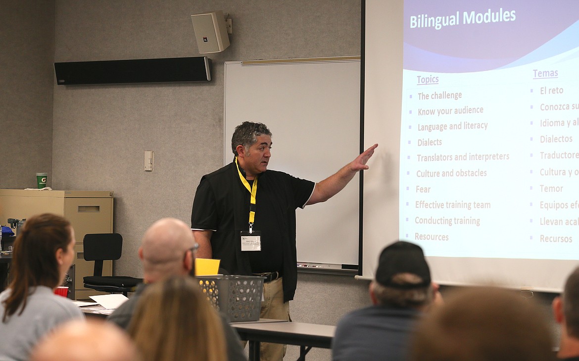 Adam Gerson, compliance assistance specialist with the Occupational Safety and Health Administration Boise Area Office, talks about leading cultures of safety in the workplace Wednesday during Safety Fest at the North Idaho College Workforce Training Center.