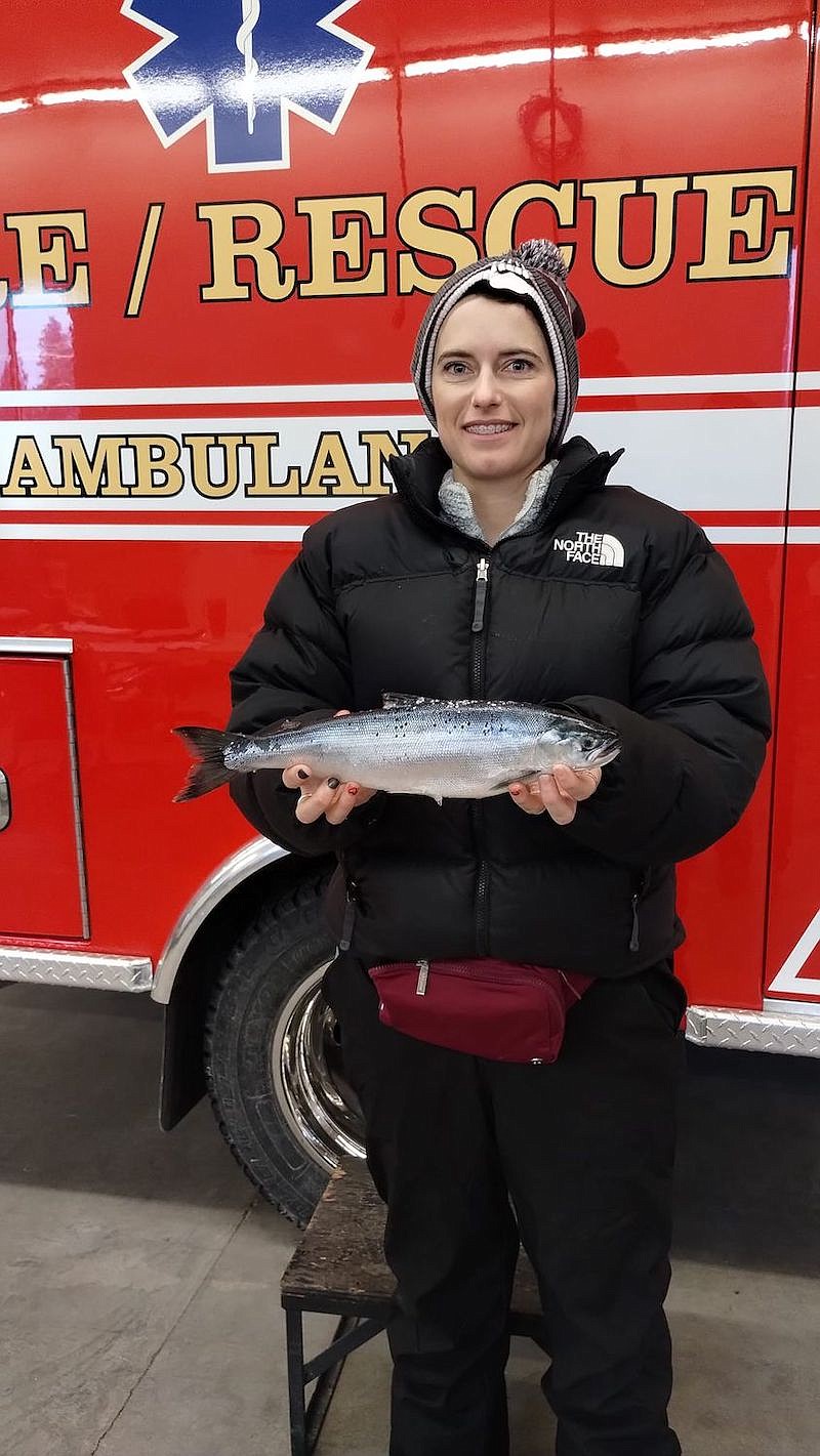 Barbara Steward displays the 1-pound, 2.5-ounce Kokanee salmon she caught during the 2024 Fisher River Valley Fire Auxiliary Fishing Derby last weekend. (Photo courtesy Fisher River Valley Fire Auxiliary)