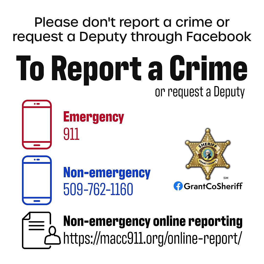 The Grant County Sheriff's Office posted the graphic above to their social media earlier this week to remind the public of the various ways to report a crime or other emergency. Non-emergency issues may be reported without dialing 9-1-1.