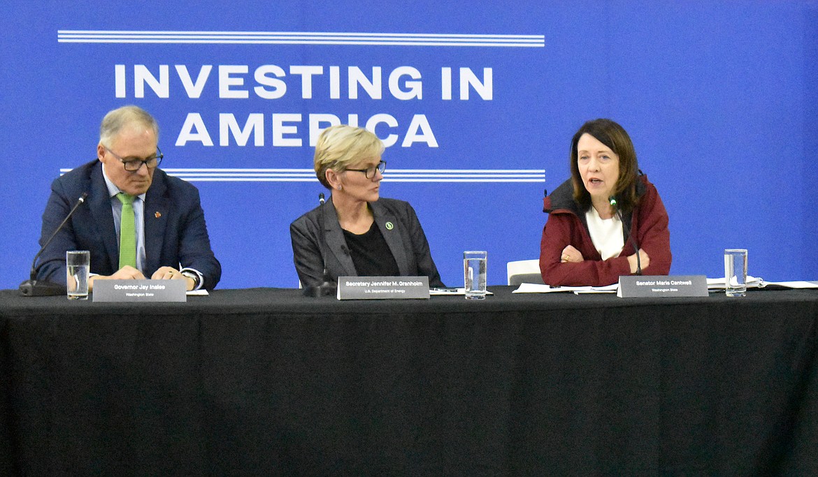 Sen. Maria Cantwell, D-Washington, right, flanked by Gov. Jay Inslee, left, and U.S. Energy Secretary Jennifer Granholm, discusses Moses Lake’s contributions to the electric vehicle industry at a round table meeting at Sila Nanotechnologies Thursday.