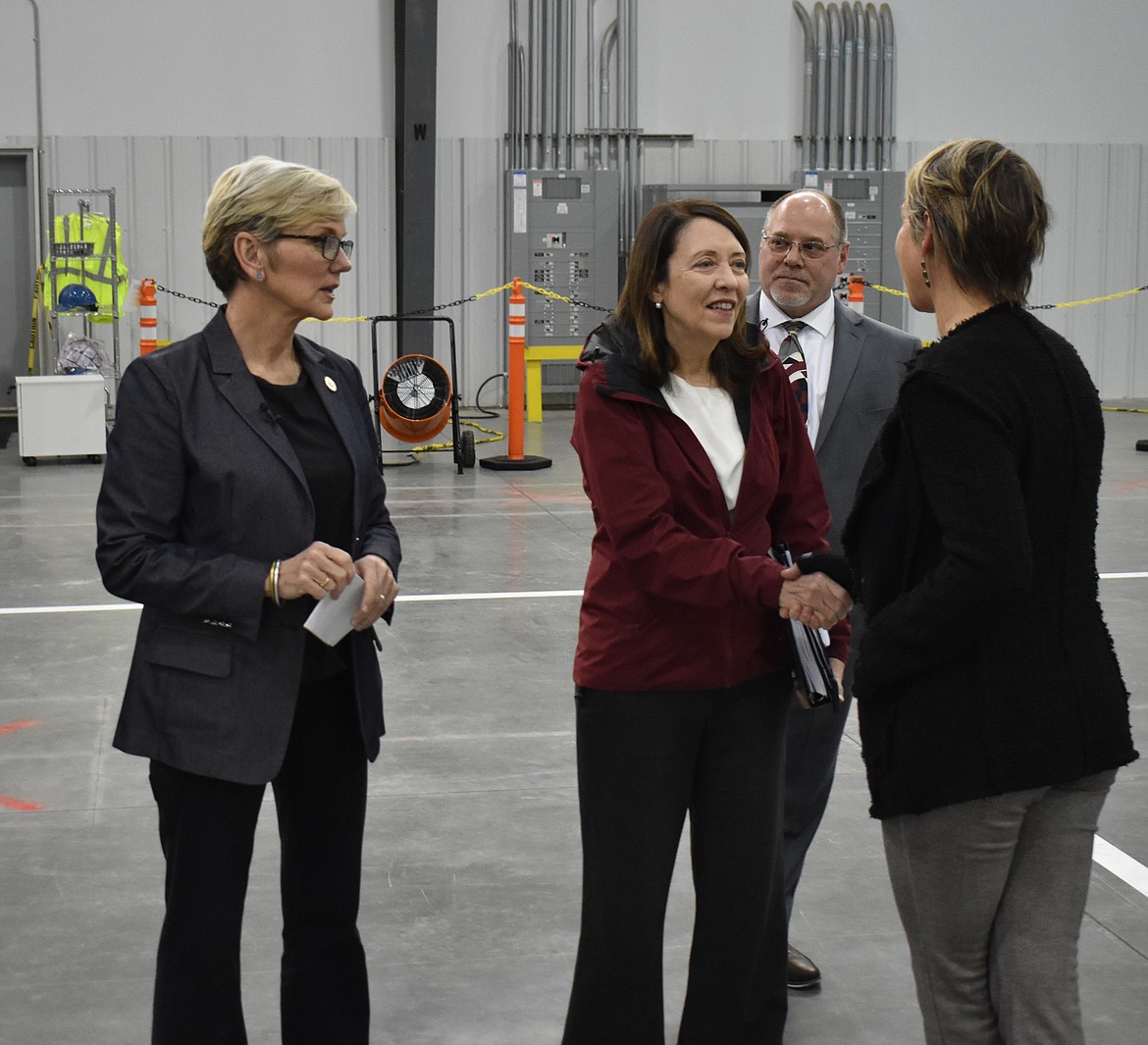 U.S. Energy Secretary Jennifer Granholm, left, and Sen. Maria Cantwell greet attendees before Thursday’s round table meeting in Moses Lake.