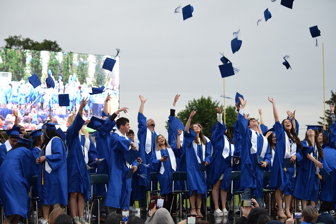 Warden High School seniors throw their caps in the air during the 2022 graduation ceremony. Warden’s participation in Central Washington University’s STELLAR fellowship program is partially intended to bolster schools’ STEM programs and post-secondary connections.
