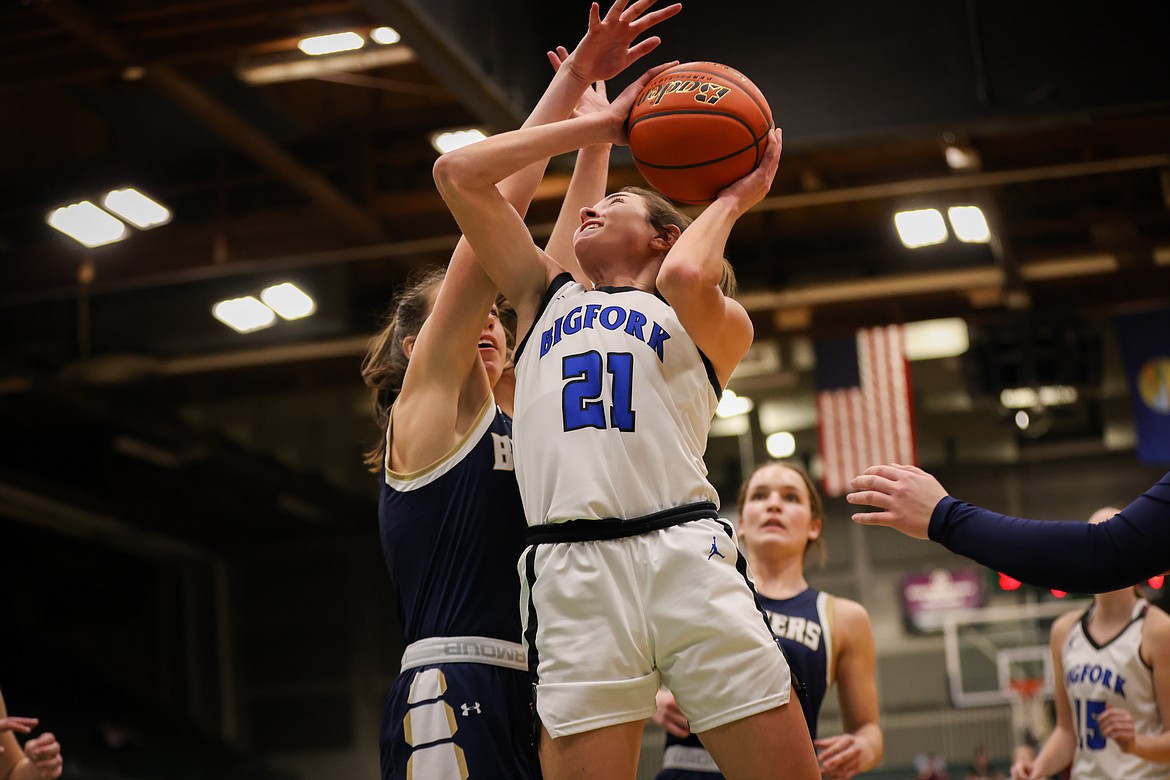 BRAEDEN GUNLOCK goes in for two of her 11 points in Valkyries 61-36 win in the Western A Divisional semifinal at the Butte Civic Center Friday, Feb. 23, 2024.