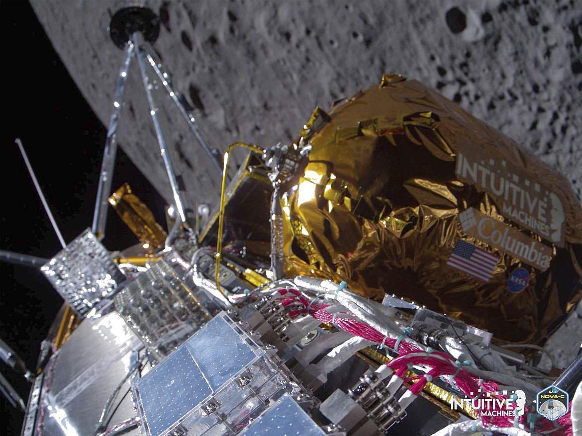 This image provided by Intuitive Machines shows its Odysseus lunar lander over the near side of the moon following lunar orbit insertion, Wednesday, Feb. 21, 2024. Intuitive Machines reported Friday, Feb. 23, 2024, that it’s communicating with its lander, Odysseus, and sending commands to acquire science data. But it noted: “We continue to learn more about the vehicle’s specific information” regarding location, overall health and positioning. (Intuitive Machines via AP, File)