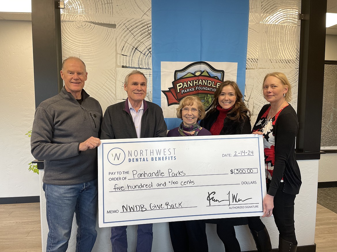 Avondale Dental and Northwest Dental Benefits donated $500 to the Panhandle Parks Foundation. Accepting the check are the foundation's two new board members, from left, Mike Gridley and Kris Jamtaas, ex-officio board member Tinka Schaffer, and Alexa Fouch and Karen Higens for Northwest Dental Benefits.