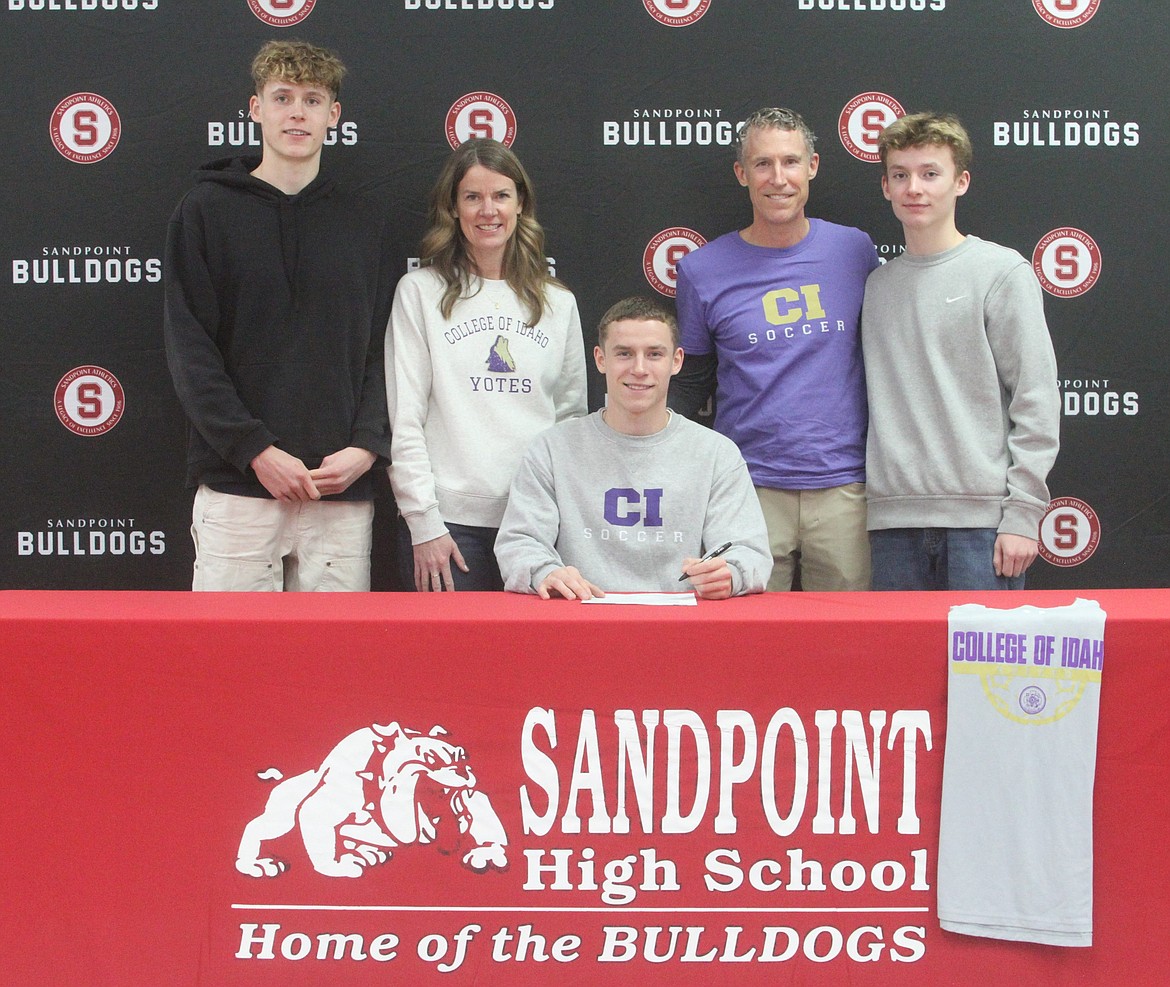 Sandpoint High senior Jett Longanecker signed his letter of intent to play soccer at the College of Idaho on Friday. Pictured, from left, Kai Longanecker, Amy Longanecker, Jett Longanecker, Jameson Longanecker, and Pax Longanecker.