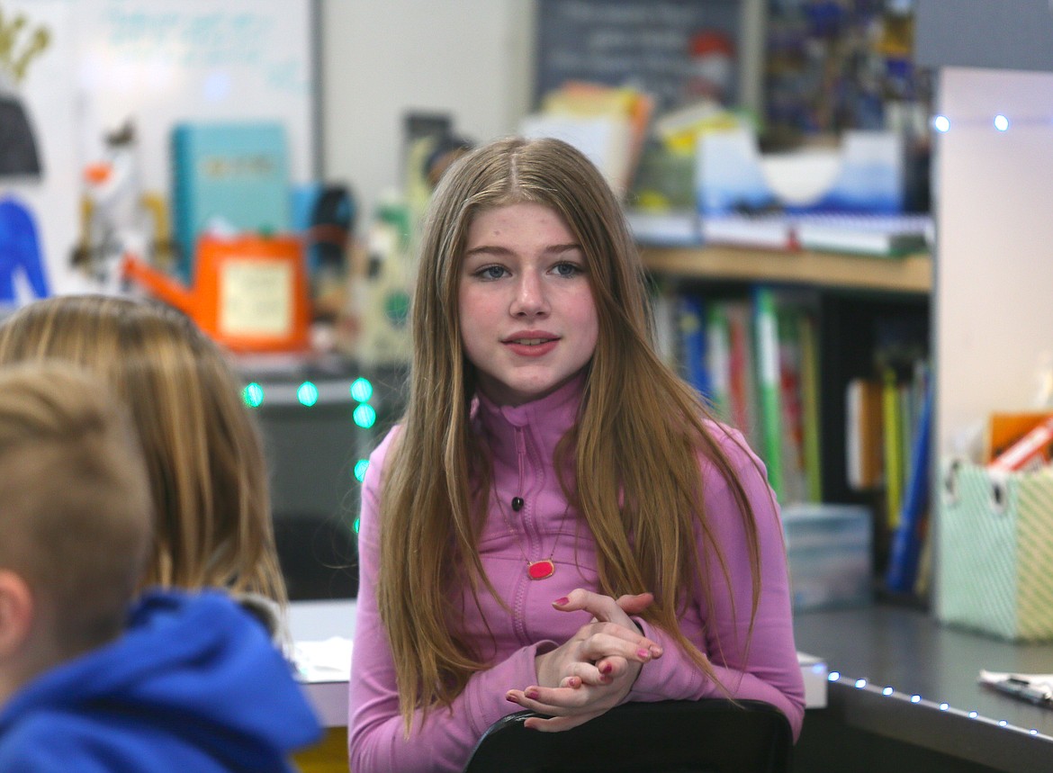 Northwest Expedition Academy fifth grader Blair Burke shares her opinion during a discussion at the elementary Student Advisory Group meeting Thursday at Sorensen Magnet School.