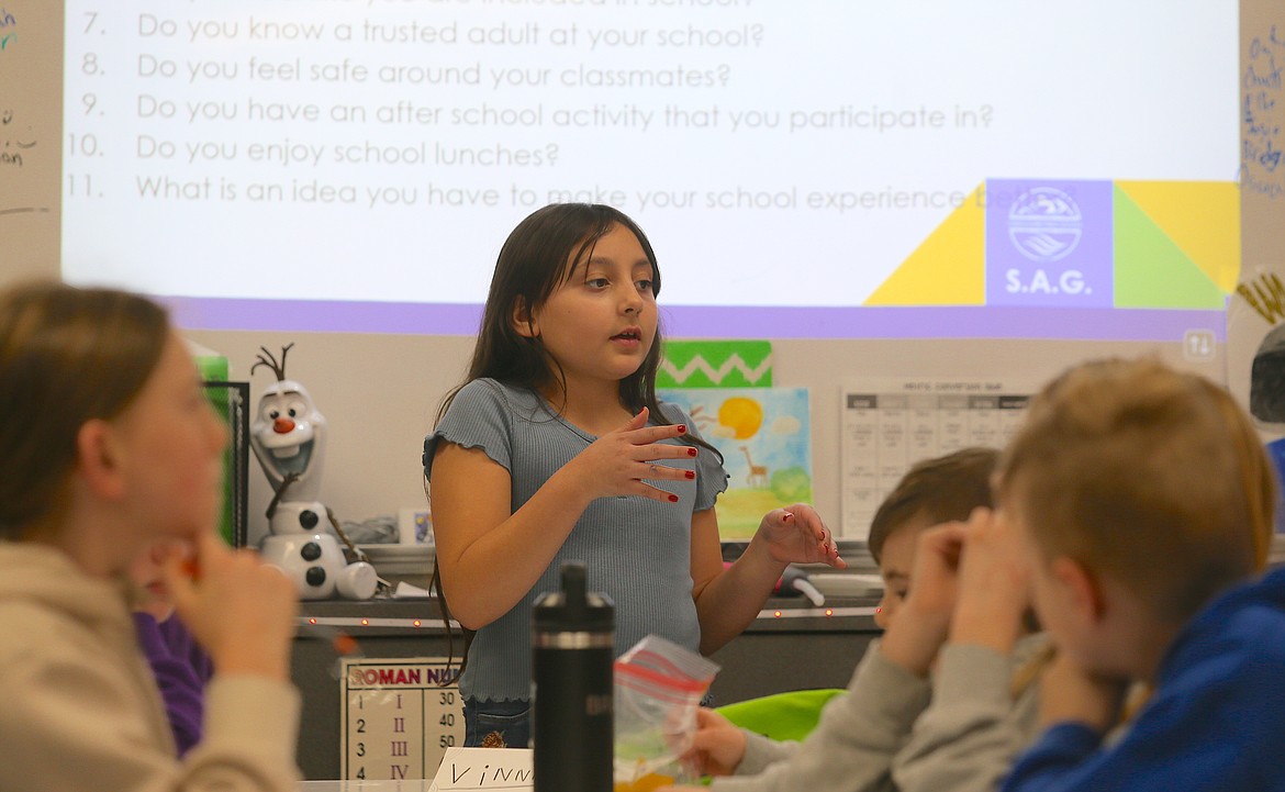 Vinni Gongora, Northwest Expedition Academy third grader, talks about food and beverage options in the elementary schools during a Thursday meeting of the Coeur d'Alene School District's Student Advisory Group.