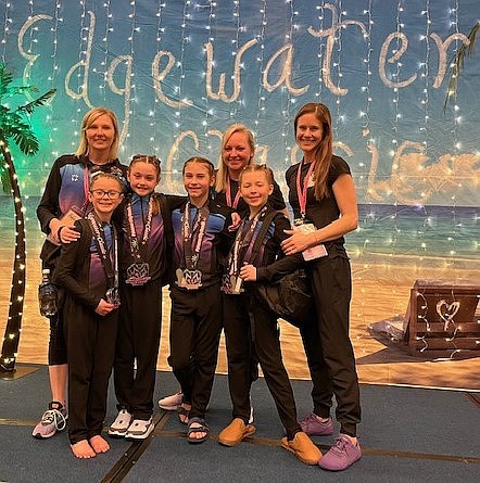 Courtesy photo
The GEMS Athletic Center Silver team competed at the Edgewater Classic in Panama City, Fla., on Feb. 16-19. In the front row from left are Faith Robertson, Emma Ward, Racine Dudley, Olive Buttars and coach Sarah Robertson; and back row from left, coach Meloney Butcher and coach Ashley Ferguson.