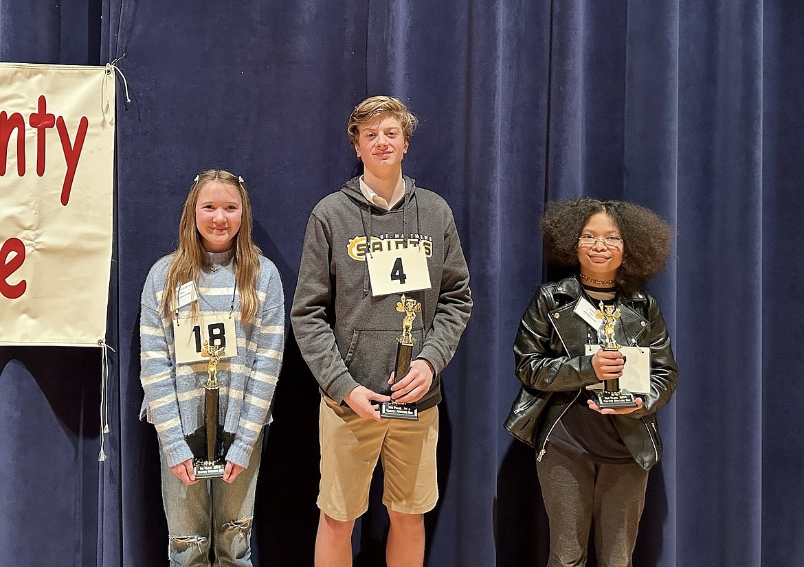 Columbia Falls Junior High seventh-grader Lily Aveson is the 2024 Flathead County Spelling Bee champion. The winning word was “bereavement.” Runner-up was St. Matthew's School eighth-grader Matthew Bliven. Somers Middle School seventh-grader KorKor Collins placed third at the bee which was held Feb. 21 at Glacier High School. All three advance to the Treasure State Spelling Bee March 9 in Bozeman.