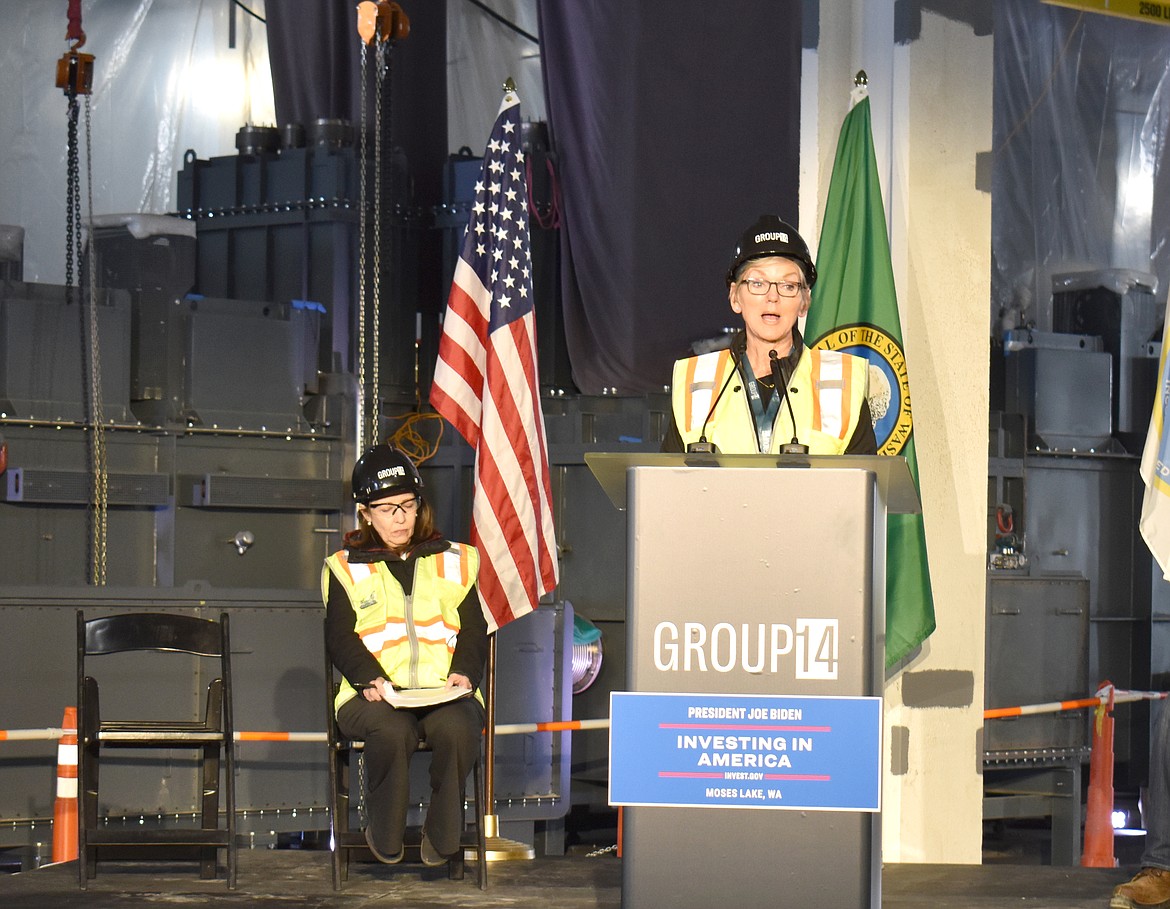 U.S. Energy Secretary Jennifer Granholm speaks at Group14 on Thursday, accompanied by Sen. Maria Cantwell, D-Washington.