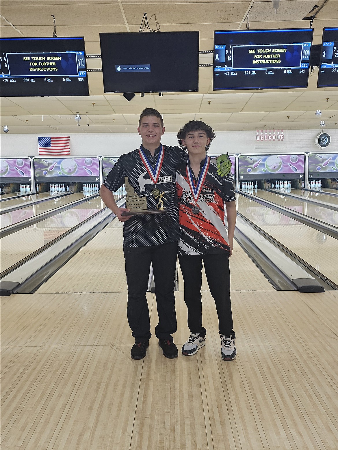 Courtesy photo
Tyler Clarke, left, of Lake City won his second straight state title at the state high school bowling championships Feb. 20-21 in Burley and Twin Falls. At right is Donny Shaw of Post Falls High, who placed second.